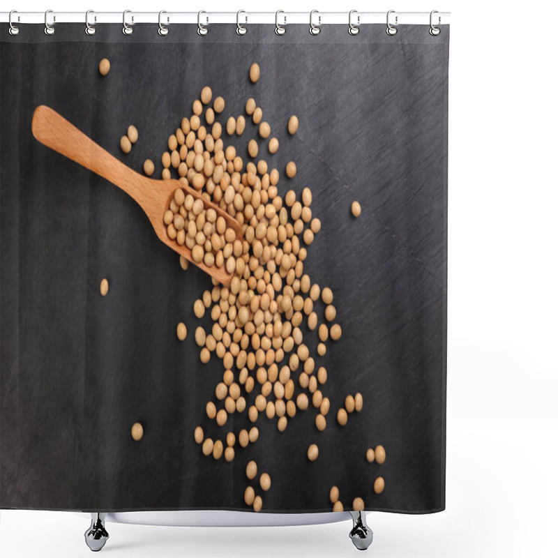 Personality  Soyabeans Soya Beans In Wooden Spoon Scoop Flowing Over Black Slate Stone Background Copy Text Space Flat Lay Top View Shower Curtains