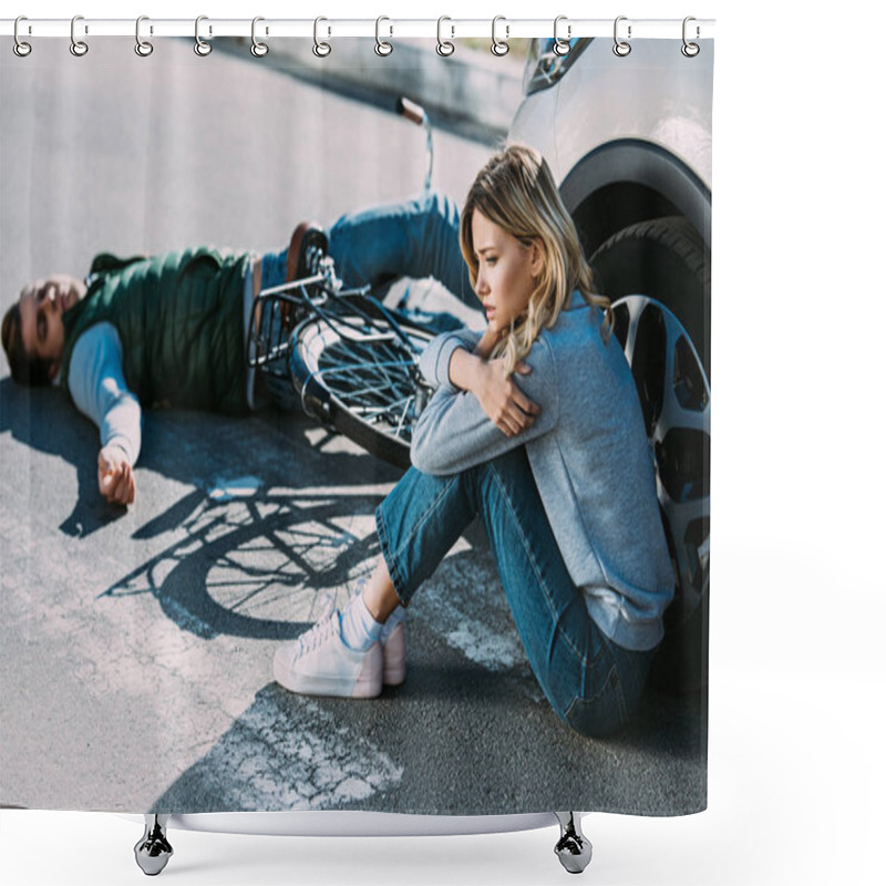 Personality  High Angle View Of Young Woman Sitting Near Car And Victim Of Car Accident Lying On Road Shower Curtains