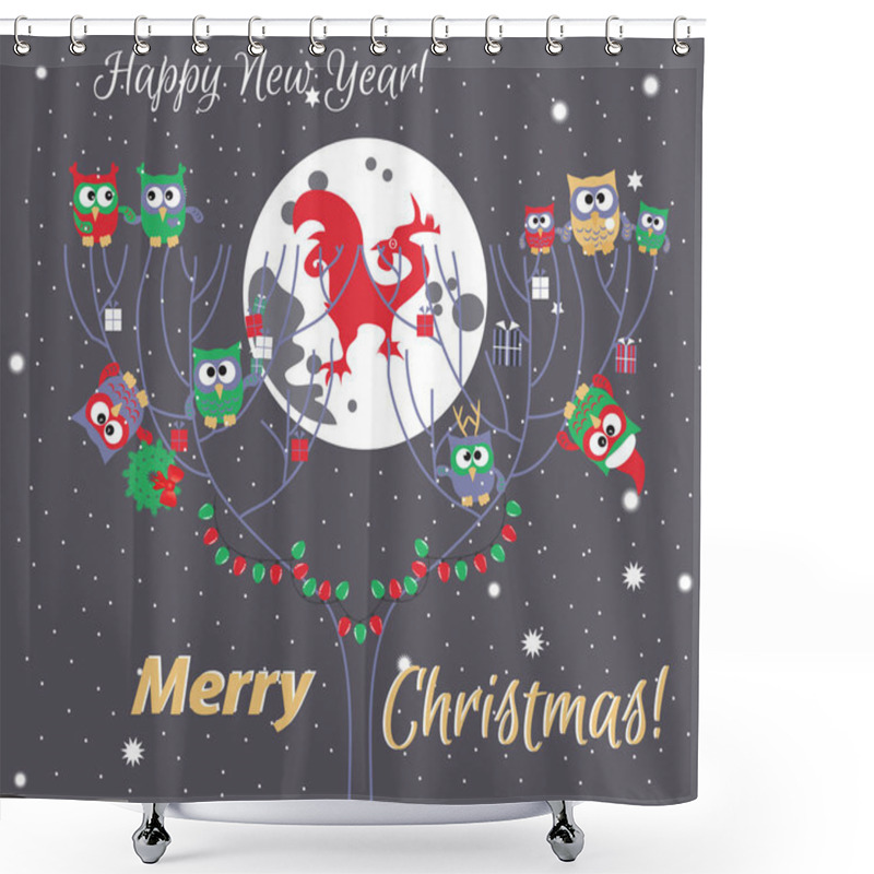 Personality  Cute Owls On The Tree, Christmas Background,  Shower Curtains