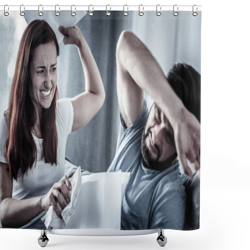 Personality  Angry Redhead Woman Quarreling With Husband And Biting Him. Shower Curtains