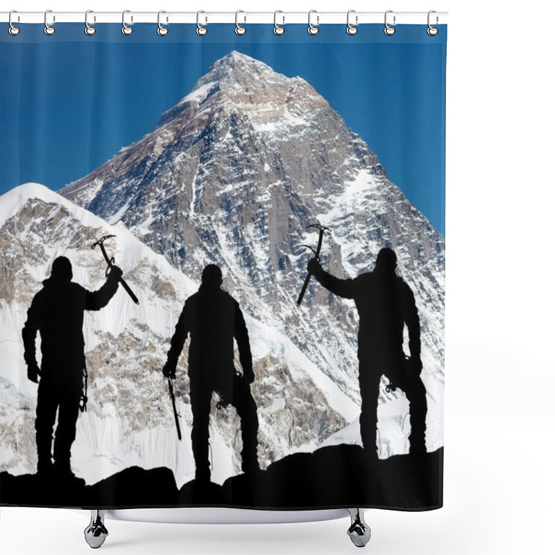 Personality  Mount Everest From Kala Patthar And Silhouette Of Men Shower Curtains