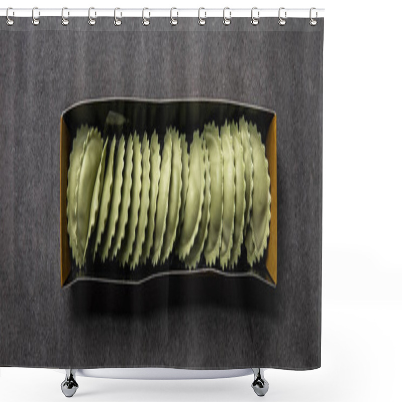 Personality  Top View Of Green Raw Ravioli In Cardboard Box On Grey Textured Surface, Panoramic Shot Shower Curtains