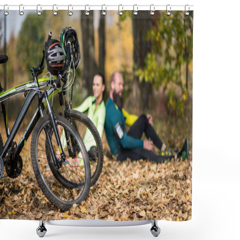 Personality  Bikes And Couple Of Cyclists In Park Shower Curtains