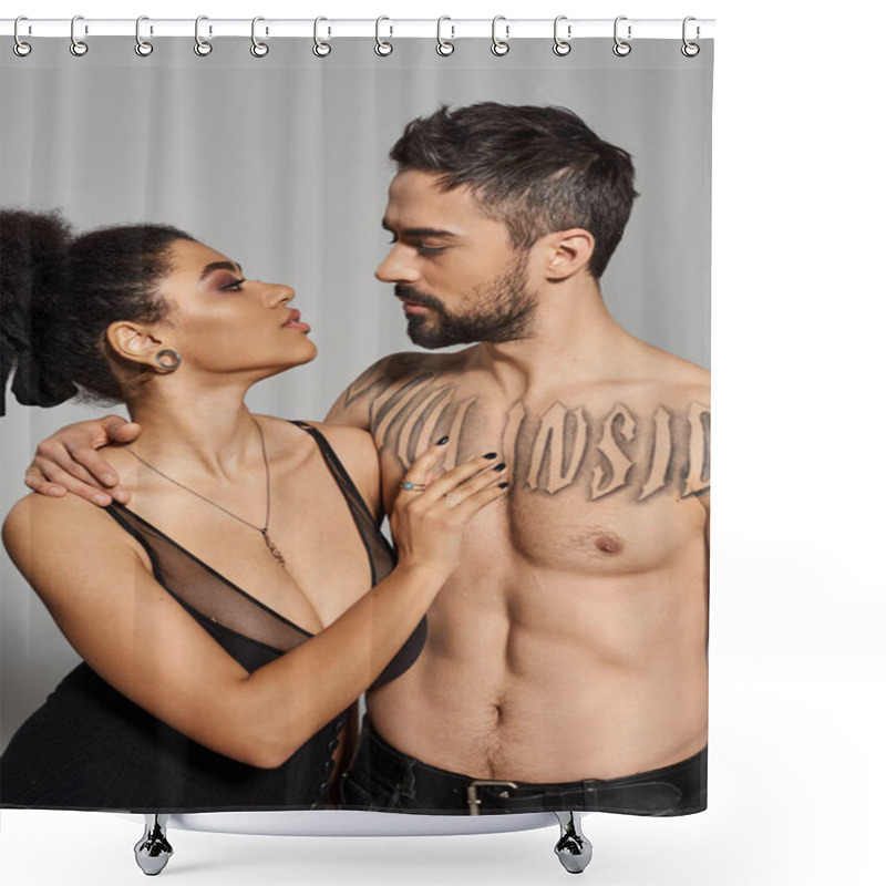 Personality  A Couple Shares An Intimate Moment, Gazing Into Each Others Eyes With Deep Affection And Warmth. Shower Curtains