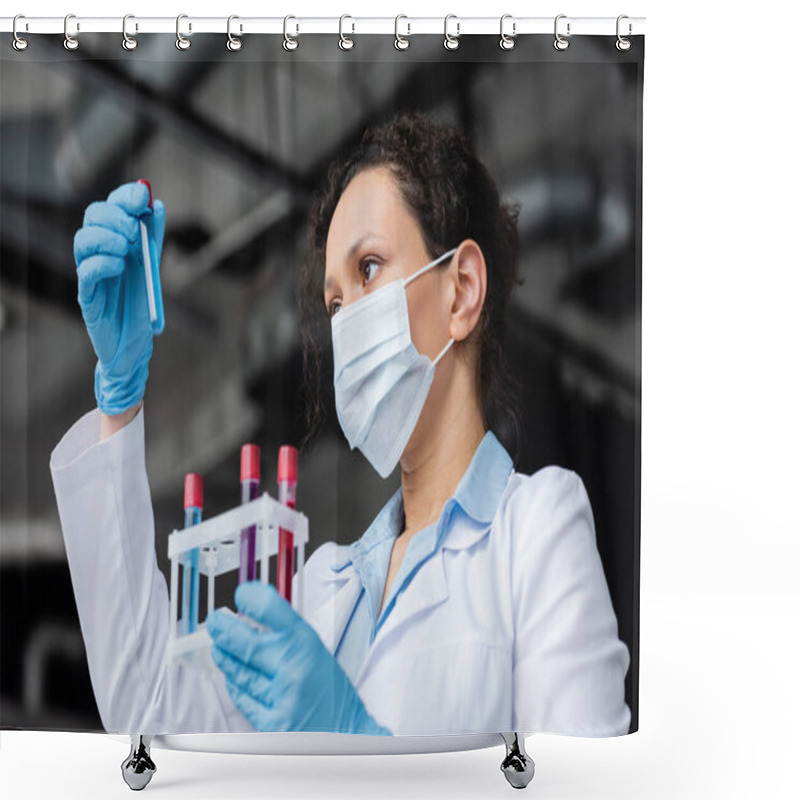 Personality  Low Angle View Of African American Scientist In Medical Mask Holding Test Tubes  Shower Curtains