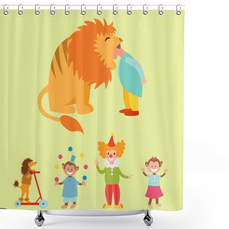 Personality  Circus Funny Animals Set Of Vector Icons Cheerful Zoo Entertainment Collection Juggler Pets Magician Performer Carnival Illustration. Shower Curtains