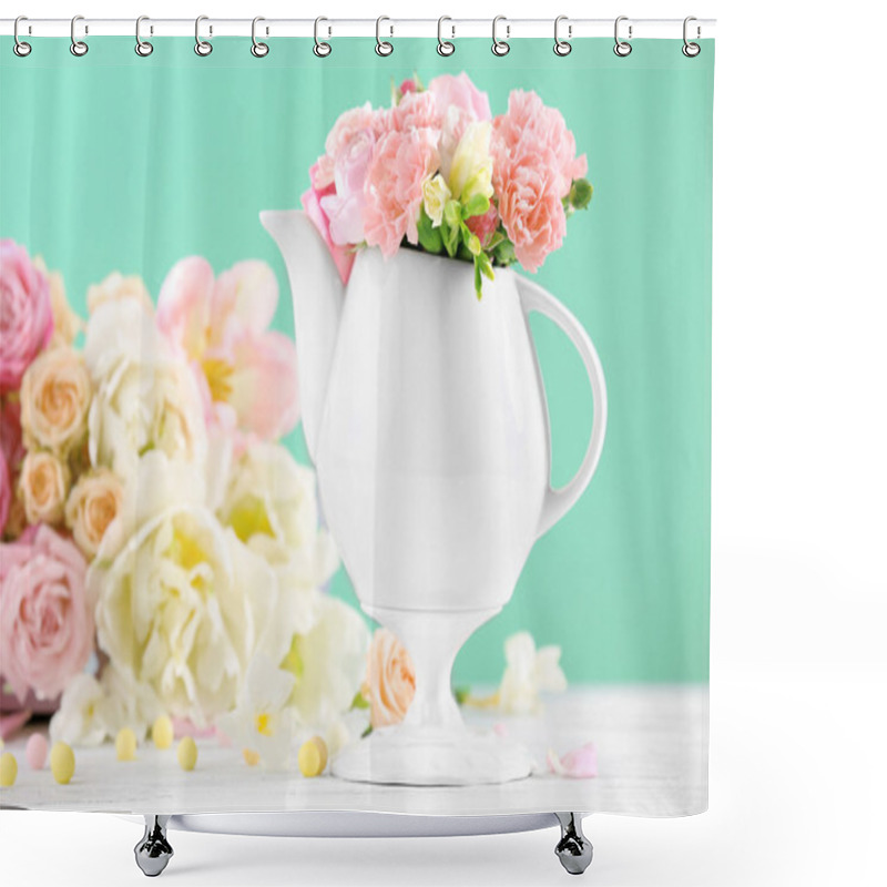 Personality  Composition Beautiful Spring Flowers In Teapot On Light Blue Background Shower Curtains