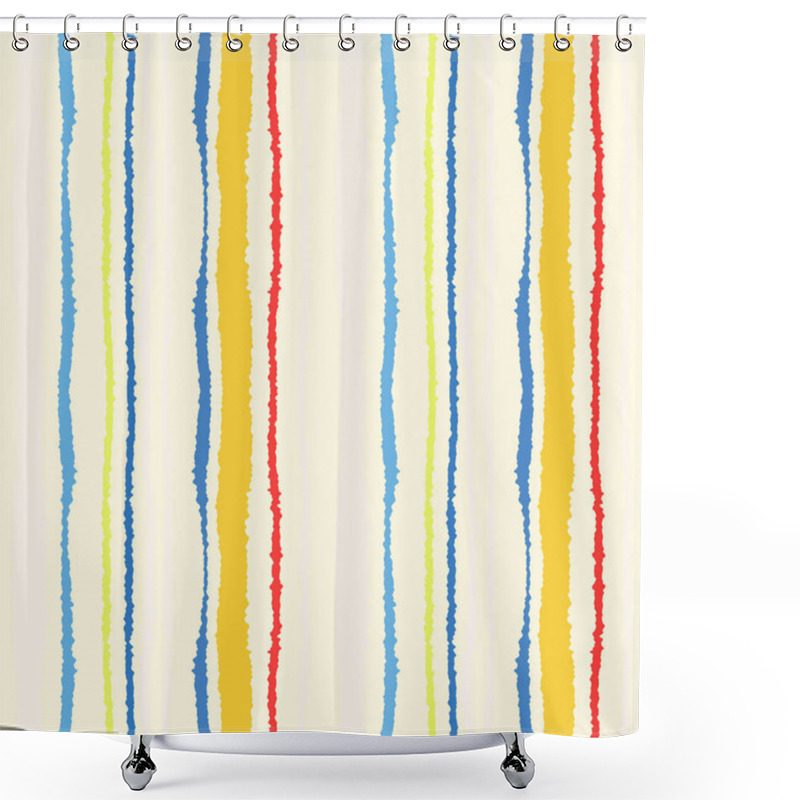 Personality  Seamless Strip Pattern. Vertical Lines With Torn Paper Effect. Shred Edge Texture. Blue, Yellow, White, Pink Colored Background. Spring Theme. Vector Shower Curtains