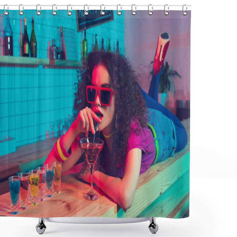 Personality  Woman In Sunglasses Drinking Cocktail Shower Curtains