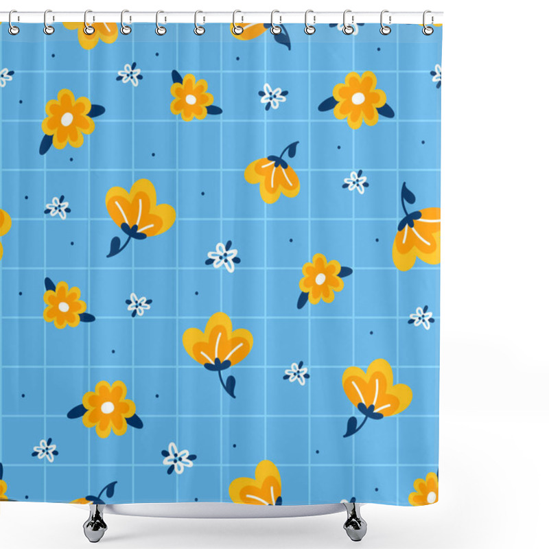 Personality  Elegant Seamless Pattern Featuring White And Yellow Floral Designs On A Light Blue Checked Background, Perfect For Summer Or Spring Fabric And Print Projects Shower Curtains