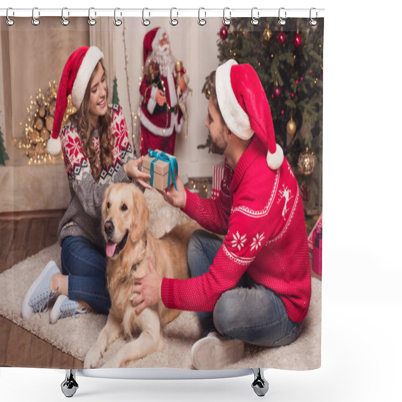 Personality  Couple In Santa Hats With Dog Shower Curtains