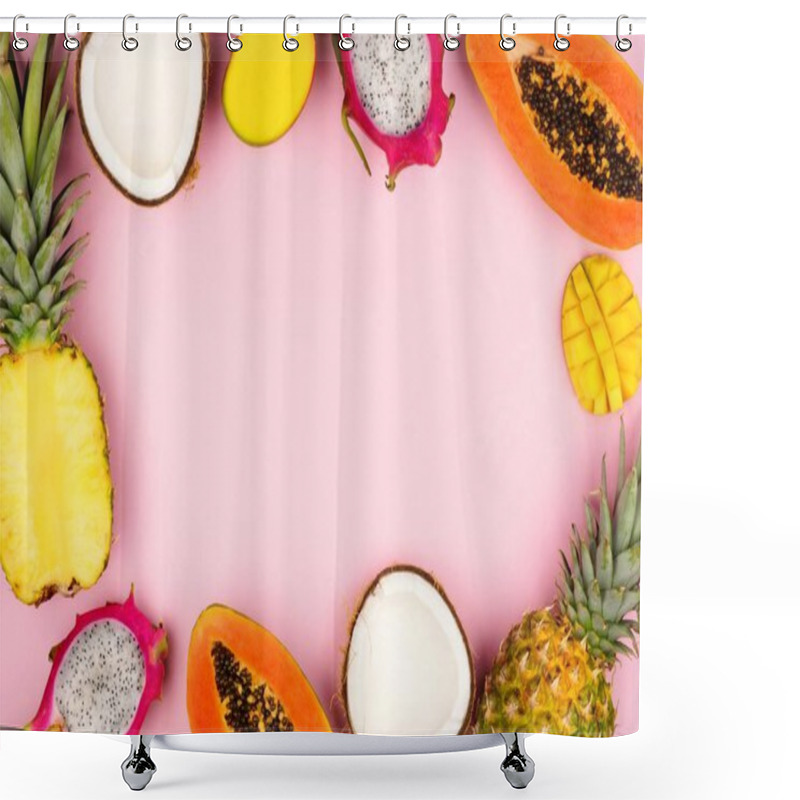 Personality  Tropical Fruit Frame With Pineapple, Dragon Fruit, Papaya, Coconut And Mango On A Pastel Pink Background Shower Curtains