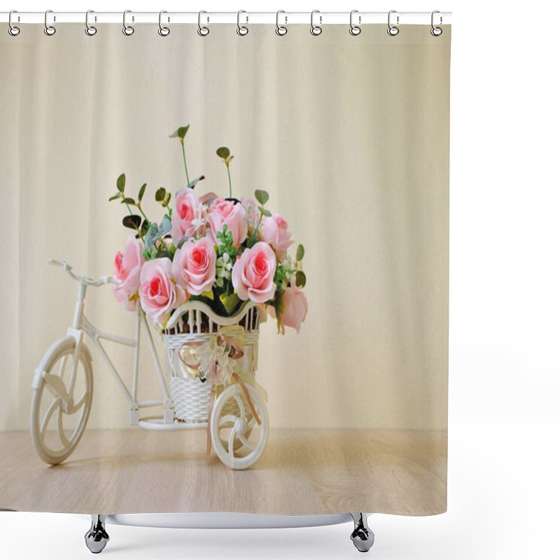 Personality  Artificial Pink Rose On Bicycles On Table Isolated On White Background Bouquet Bucket Bicycle With Soft Tone For Festive Background Or Wallpaper Copy Space For Lettering Valentine's Day Romantic Love  Shower Curtains