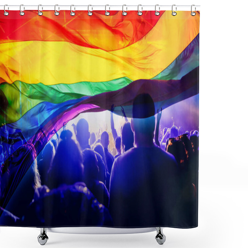 Personality  Silhouette Of A Parade Of Gays And Lesbians With A Rainbow Flag - Symbol Of Love And Tolerance Shower Curtains