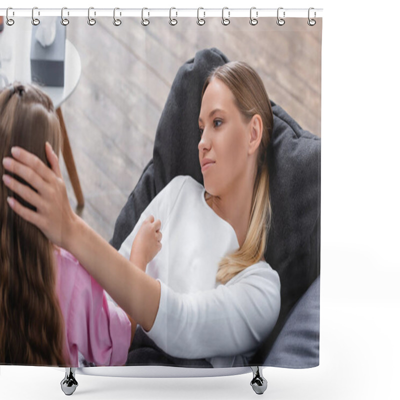 Personality  Selective Focus Of Diseased Woman Stroking Head Of Child On Couch  Shower Curtains