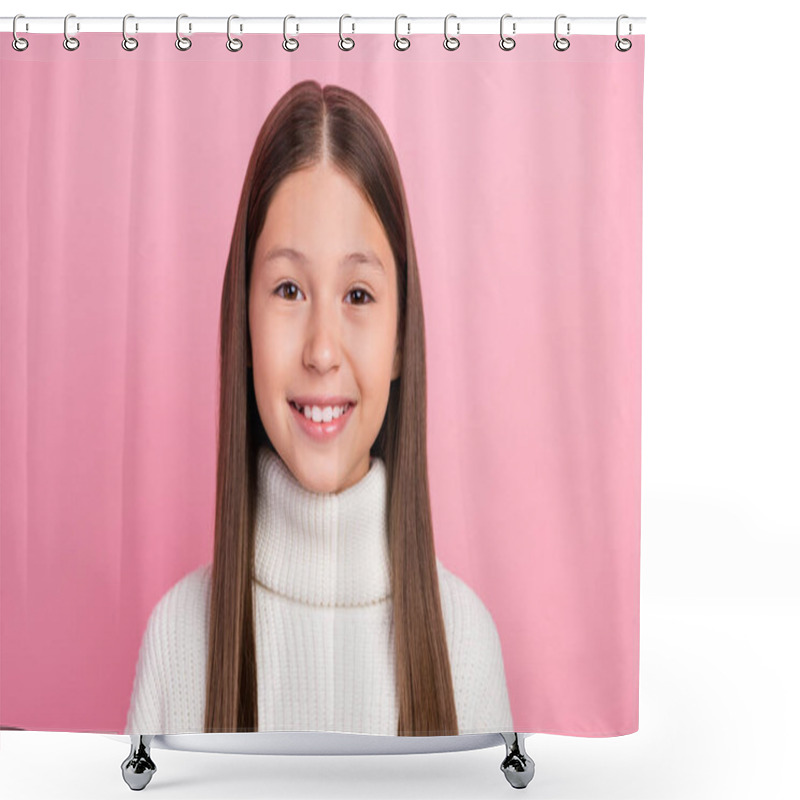 Personality  Portrait Of Attractive Cheerful Cute Toothy Brown-haired Girl Wearing Soft Pullover Isolated Over Pink Pastel Color Background Shower Curtains