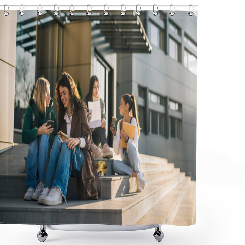 Personality  College Friends Are Sitting On The Stairs In Front Of The College Building On A Sunny Day Shower Curtains