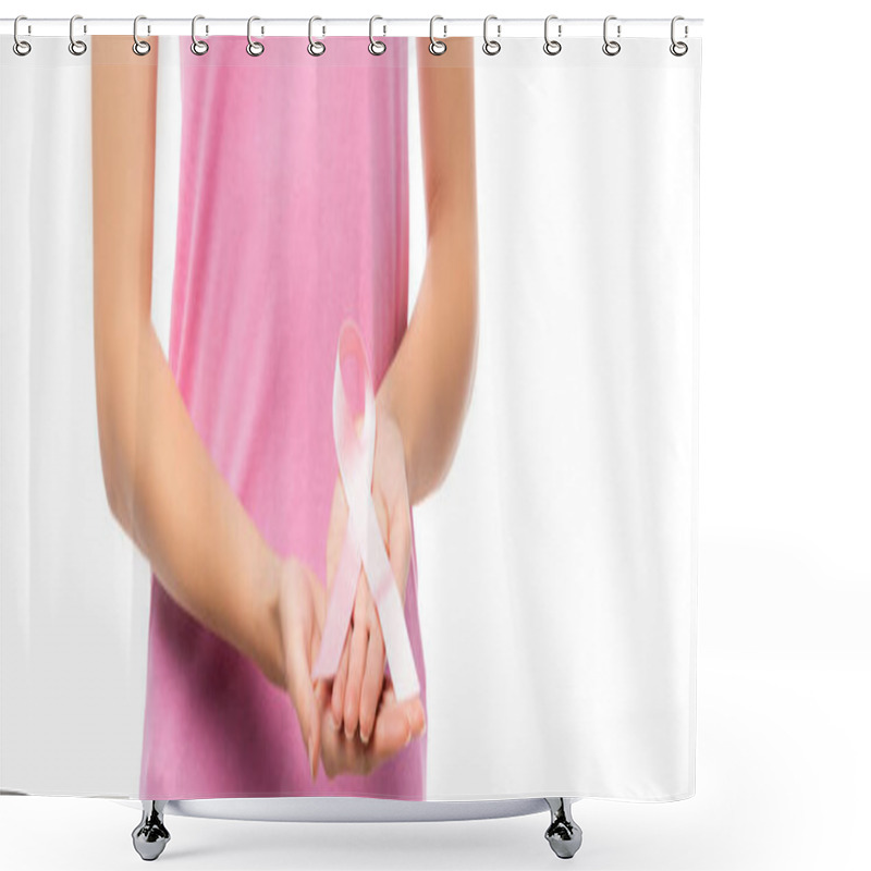 Personality  Website Header Of Woman Showing Pink Ribbon Isolated On White, Concept Of Breast Cancer Shower Curtains