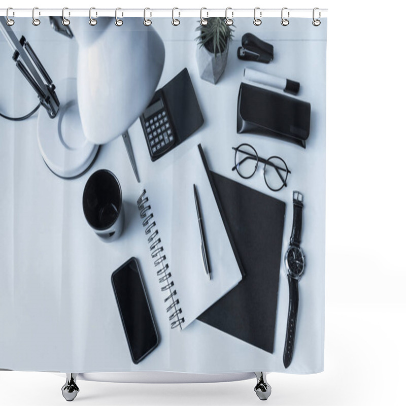 Personality  Overhead View Of Working Table With Smartphone And Notebook Shower Curtains