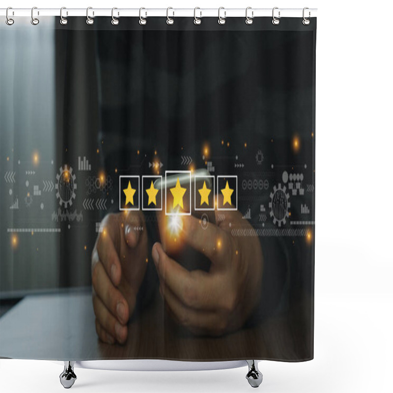 Personality  Close Up Man Using Mobile Phone For Rating Feedback From Customer Service With Annual Survey With Five Gold Star Icon. Business Annual Satisfaction Survey Concept. User Reviews And Feedback Online. Shower Curtains