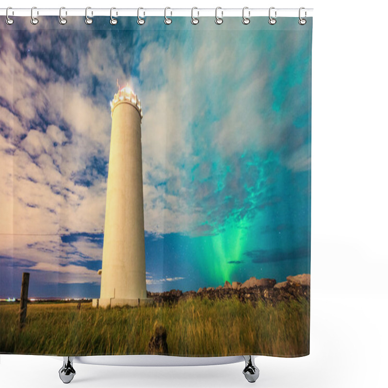 Personality  Aurora Borealis At The Lighthouse Shower Curtains