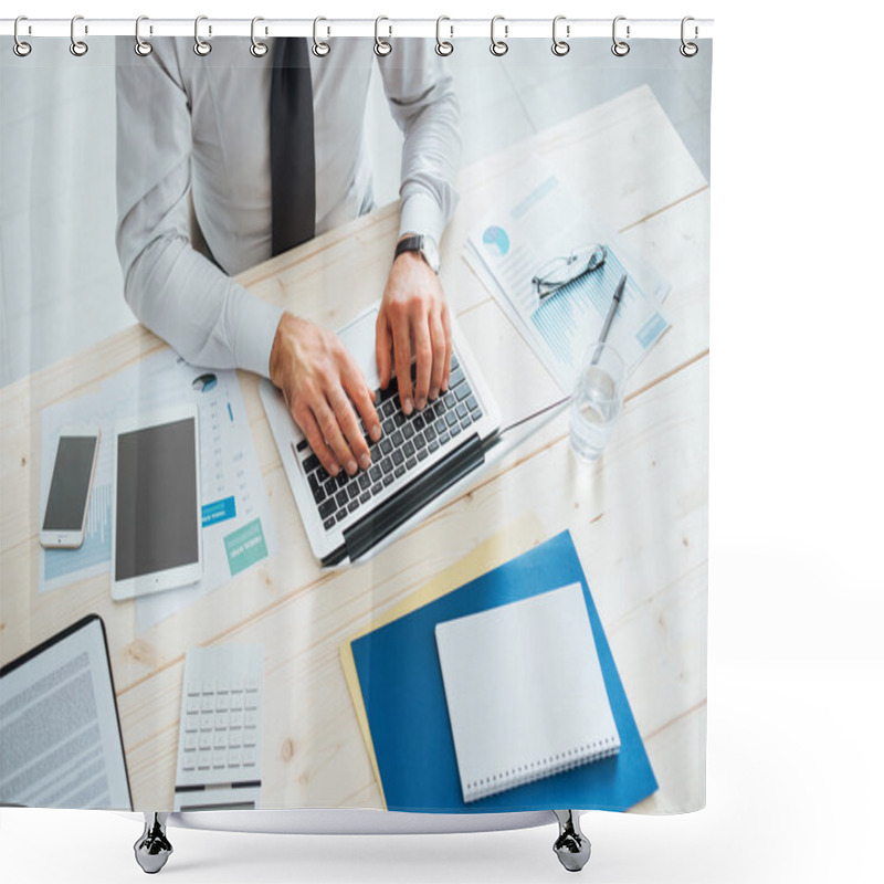 Personality  Businessman Working At Desk Shower Curtains