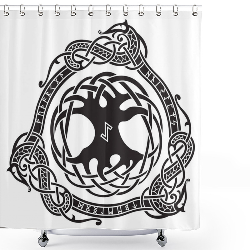 Personality  Yggdrasil. Scandinavian Design. The Tree Yggdrasil In Nordic Pattern. Shower Curtains