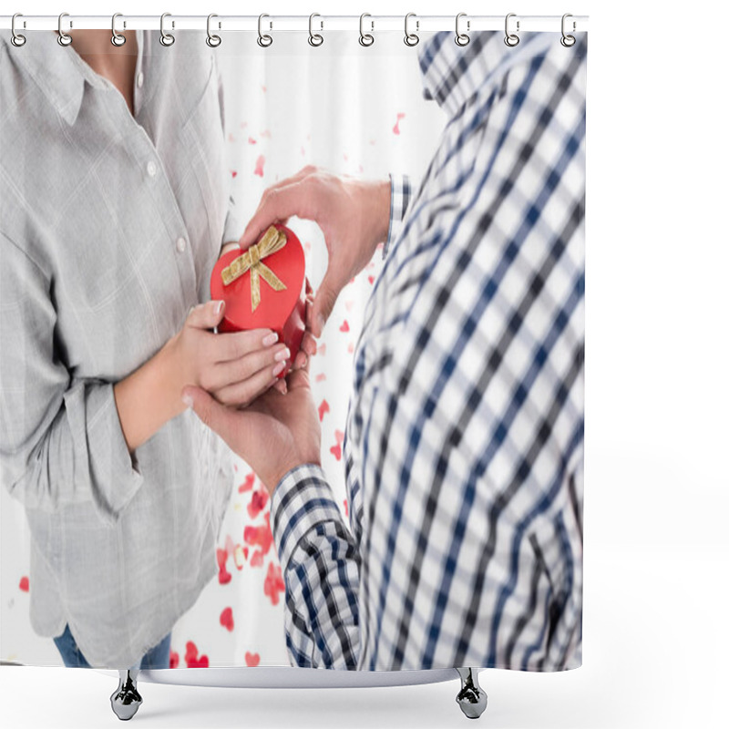 Personality  Cropped Image Of Girlfriend Giving Boyfriend Present Box Isolated On White, Valentines Day Concept Shower Curtains