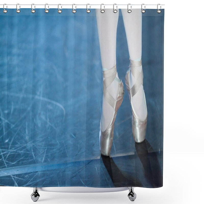 Personality  Choreography, Passion, Equipment Concept. Pointe Shoes Bound In Satin In Shades Of Tender Light Pink And Elastic Ribbons Are Tied Around Ankles Of Slender Ballerina Shower Curtains