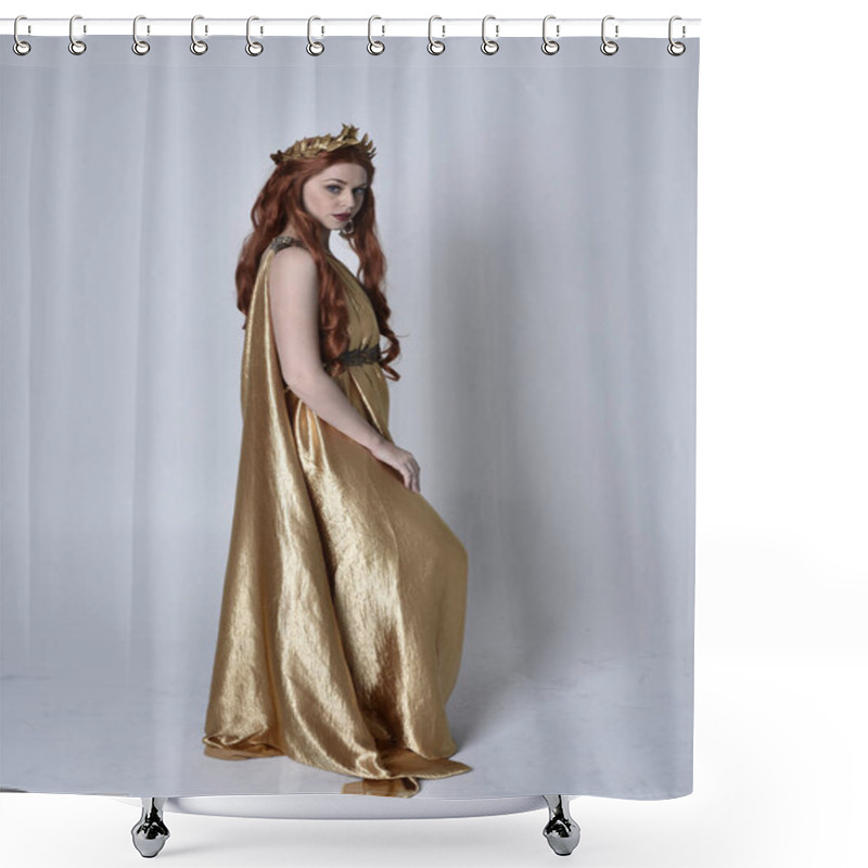 Personality  Full Length Portrait Of Girl With Red Hair Wearing Long Grecian Toga And Golden Wreath. Standing Pose With Back To The Camera,  Isolated Against A Grey Studio Background. Shower Curtains