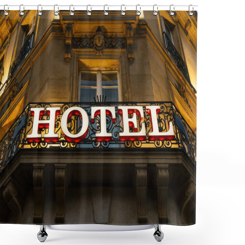 Personality  Illuminated Hotel Sign Taken At Night Shower Curtains