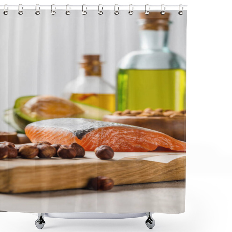 Personality  Selective Focus Of Fresh Raw Salmon, Nuts On Wooden Chopping Board Near Oil Isolated On Grey, Ketogenic Diet Menu Shower Curtains