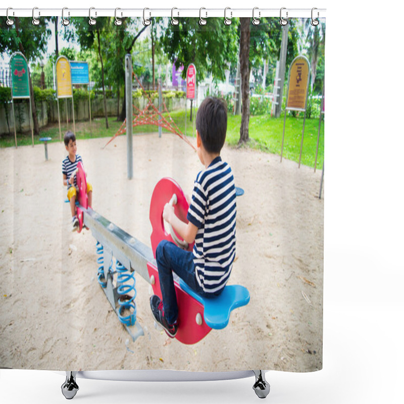 Personality  Little Boys Playing Seesaw Together In The Park Shower Curtains