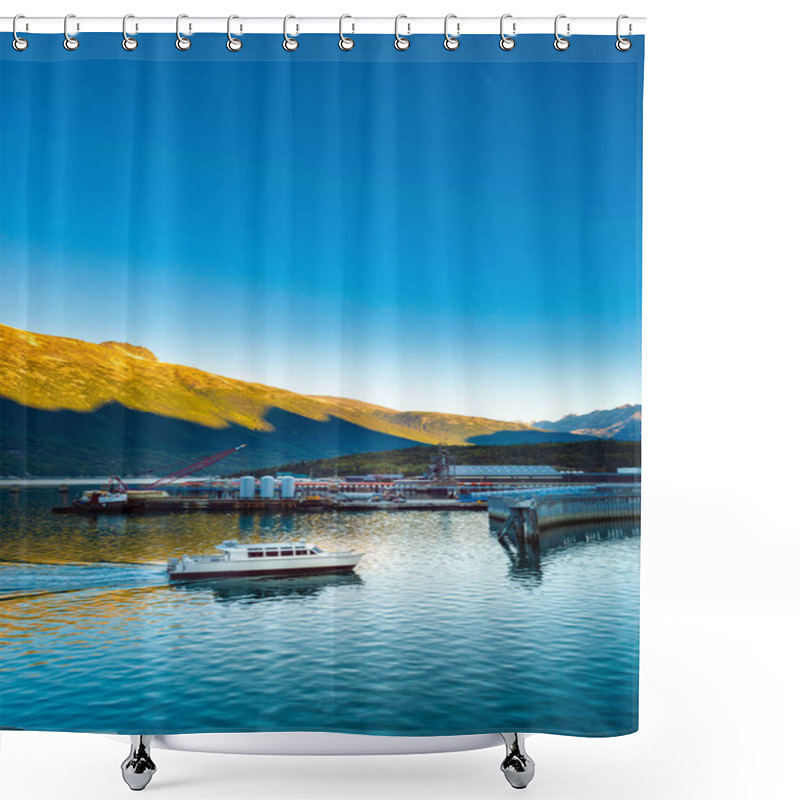 Personality  September 15, 2018 - Skagway, AK: Fjordlands Express Local Ferry Arriving In Harbour At Daybreak. Shower Curtains