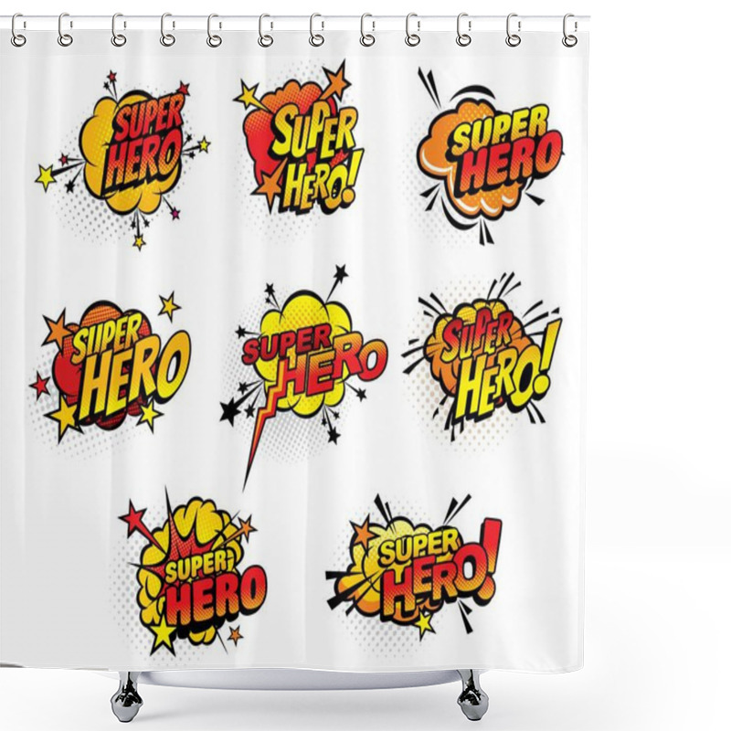 Personality  Super Hero Comics Half Tone Bubbles Isolated Vector Icons. Cartoon Pop Art Retro Sound Cloud Blast Explosions With Stars And Dotted Pattern. Boom Bang Colorful Superhero Symbols With Typography Set Shower Curtains