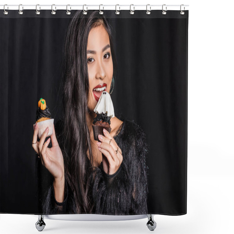 Personality  Woman Holding Two Cupcakes Shower Curtains