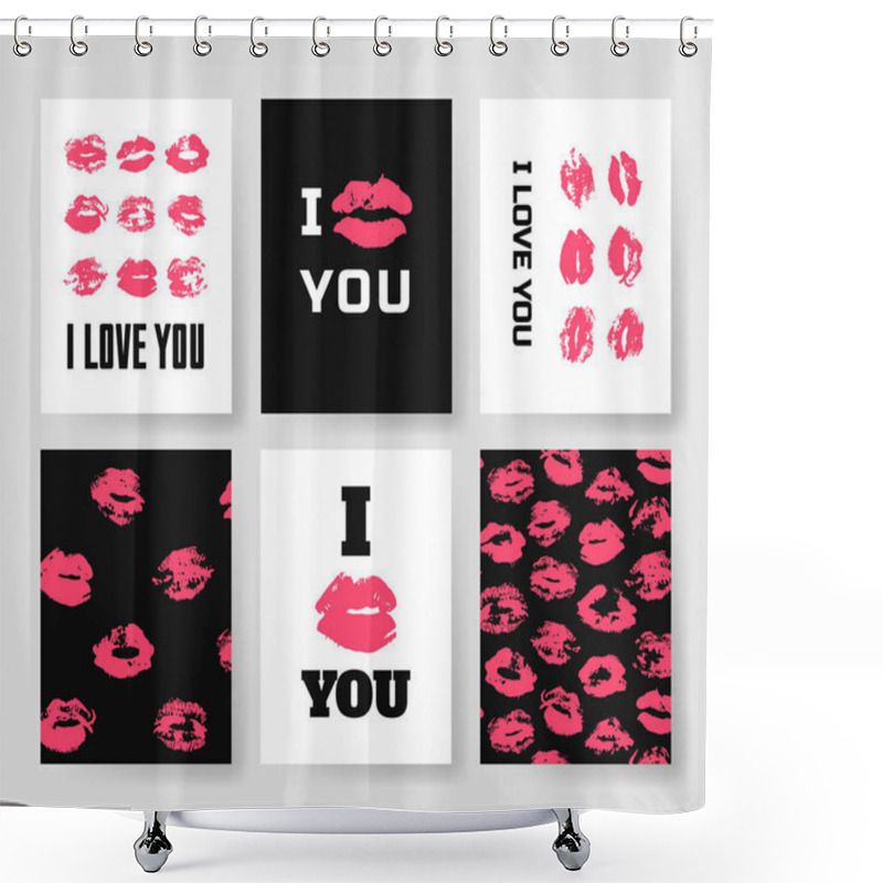 Personality  Set Of Templates For Romantic Cards. Hand Drawn Fashion Illustration Lipstick Kiss. Female Vector Patterns Brochures With Lips. Actual Artistic Valentines Day Design  Shower Curtains