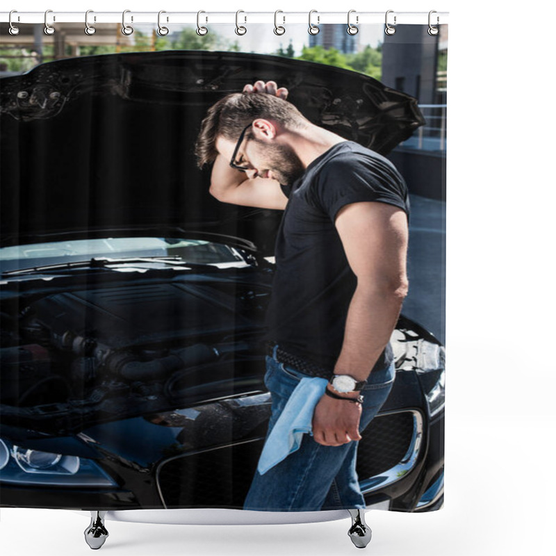 Personality  Side View Of Confused Man Scratching Head Near Broken Car Engine At Street Shower Curtains