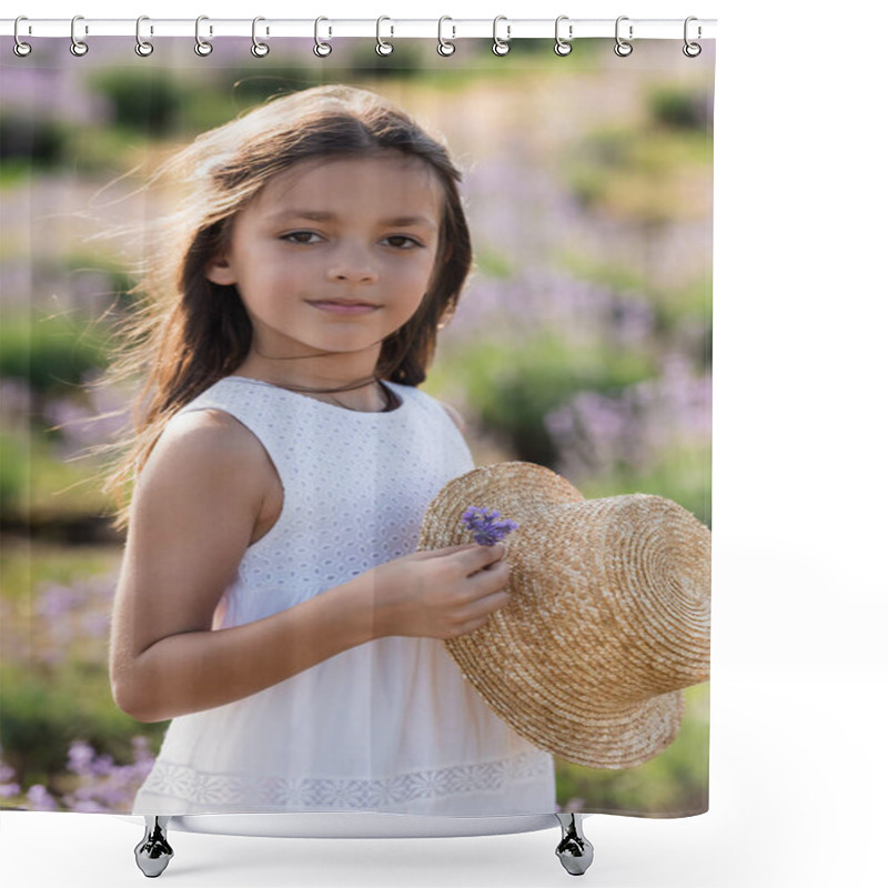 Personality  Brunette Girl In White Dress Holding Sun Hat And Lavender Flowers In Blurred Field Shower Curtains