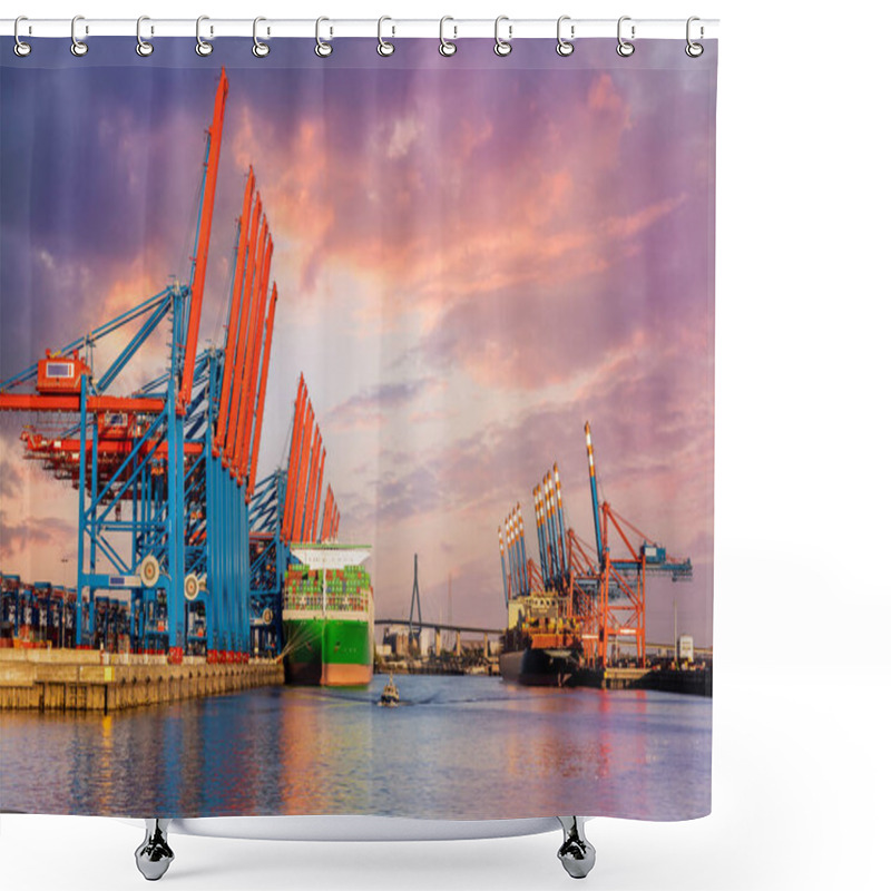 Personality  Scenic Front Giant Cargo Container Ship Loading Hamburg City Port Harbour Seaport Cranes Warm Dramatic Sky Evening Sunset Light. Global Commercial Trade Freight Charter Shipping Logistics Background. Shower Curtains