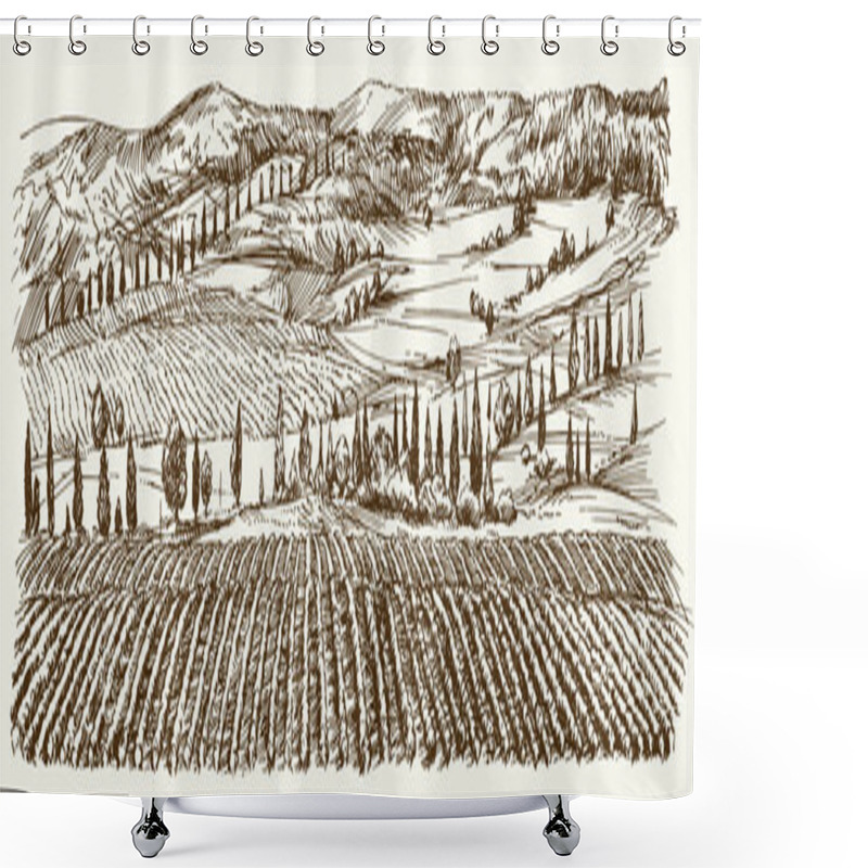 Personality  Wide View Of Vineyard. Vineyard Landscape Panorama. Hand Drawn I Shower Curtains