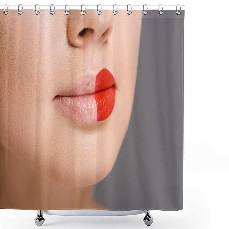 Personality  Cropped Shot Of Woman With Red Lipstick On Half Of Mouth Isolated On Grey Shower Curtains