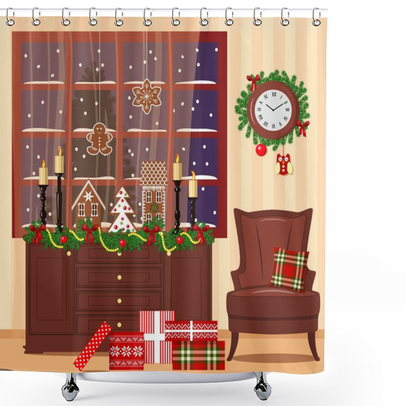 Personality  Christmas Decorated Room With Armchair, Window, Toys, Gifts Shower Curtains