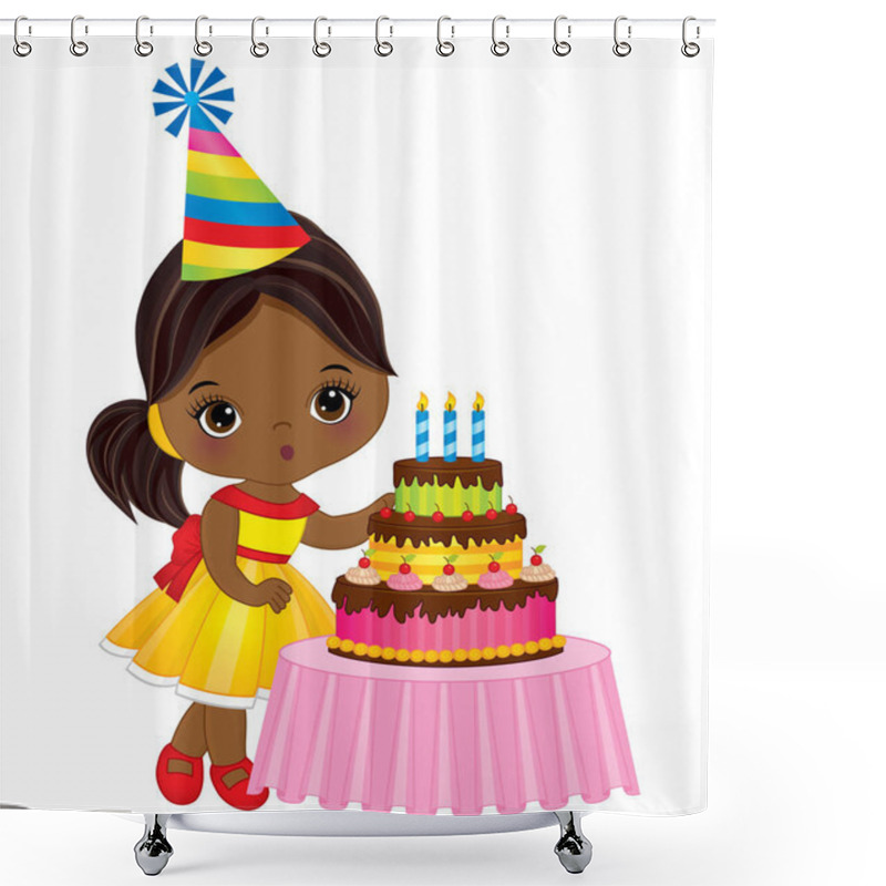 Personality  Vector Cute Little African American Girl  Blowing Out Candles On Birthday Cake Shower Curtains