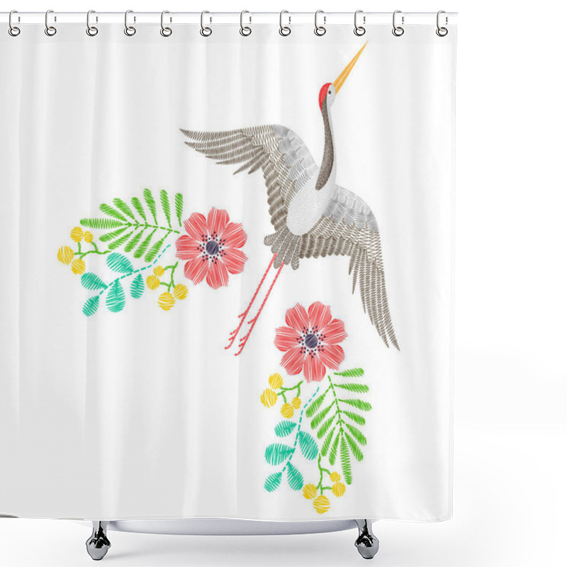 Personality  Embroidery With Asian Crane, Spring Wildflowers For Decor. Vecto Shower Curtains