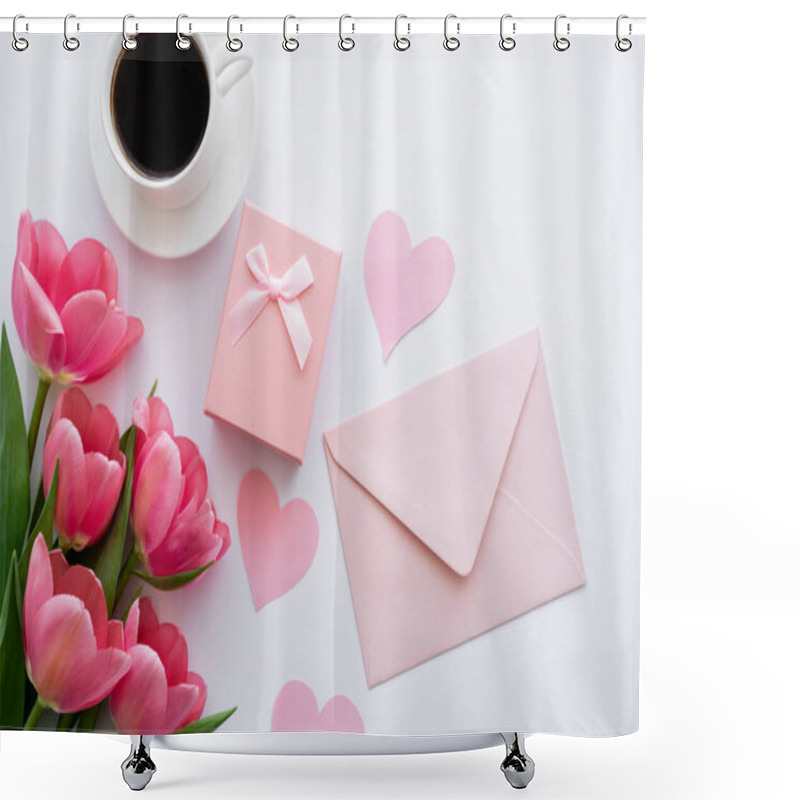 Personality  Top View Of Bouquet Of Tulips Near Paper Hearts, Envelope And Gift Box On White Shower Curtains