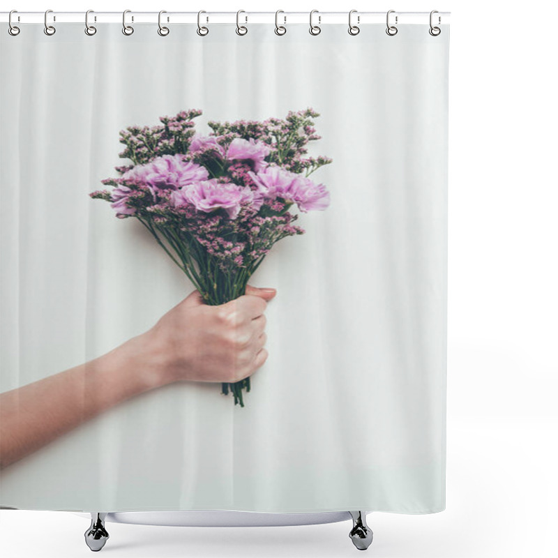 Personality  Cropped Shot Of Person Holding Beautiful Elegant Bouquet Of Tender Flowers Isolated On Grey Shower Curtains