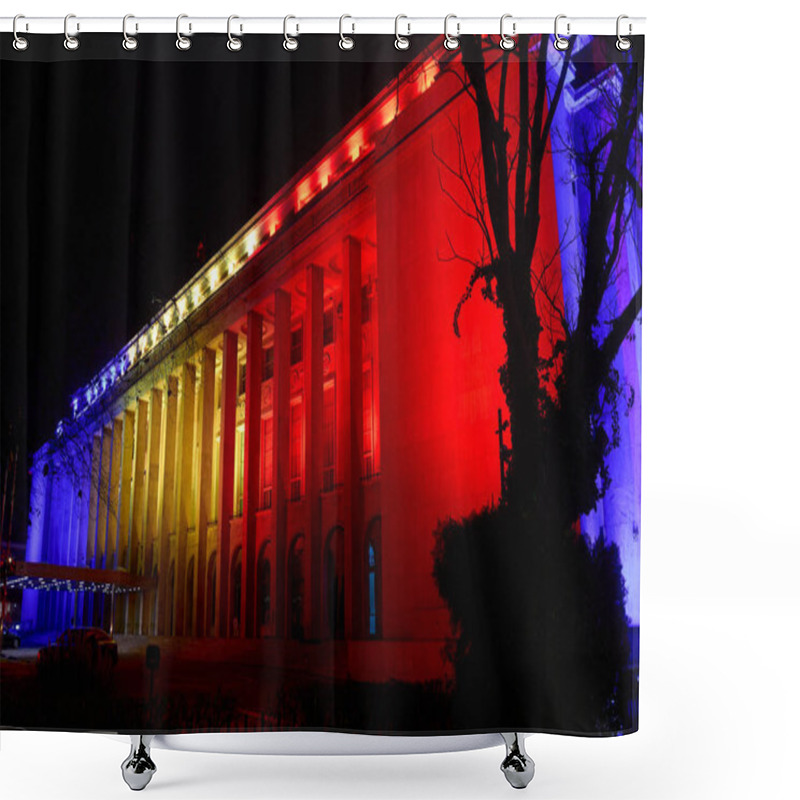 Personality  Bucharest, Romania. 1st Dec, 2024: Victoria Palace, The Seat Of The Romanian Government, Is Illuminated In The Colors Of The Romanian Flag On The Occasion Of Romania's National Day. Shower Curtains