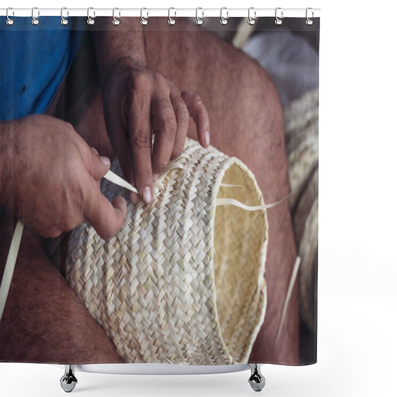 Personality  Close-up View Of An Artisan Hands Meticulously Weaving A Palmito Basket, Showcasing The Detailed Craftsmanship Involved In This Traditional Art Shower Curtains