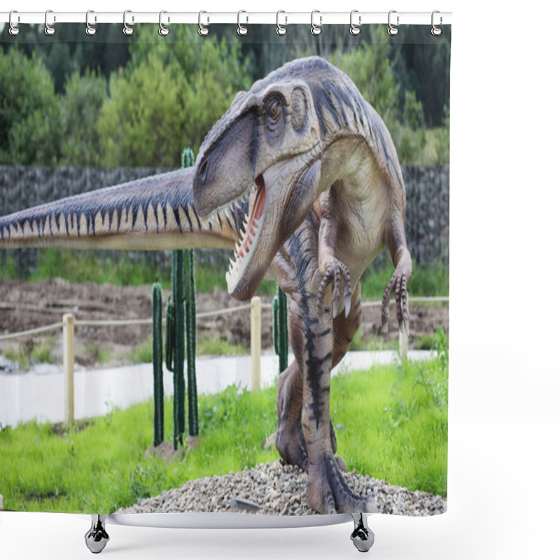 Personality  Park Of Dinosaurs. A Dinosaur On The Background Of Nature. Toy D Shower Curtains